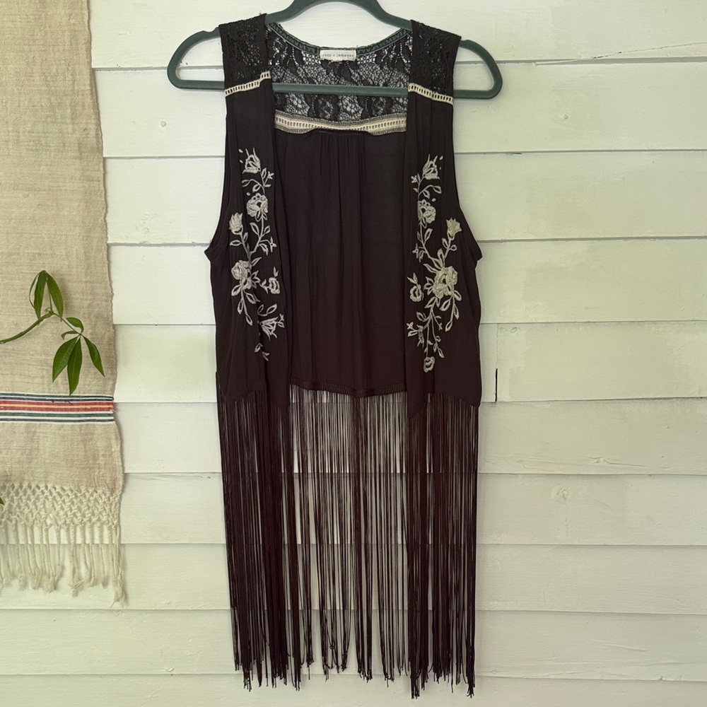 Dark Grey Fringe, Lace, Embroidered Vest S/M